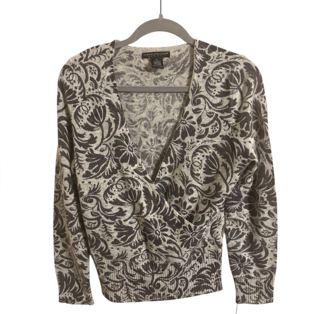 Sarah Spencer Gray Floral Faux Wrap Lambswool Angora Blend Sweater‎ Petite Large